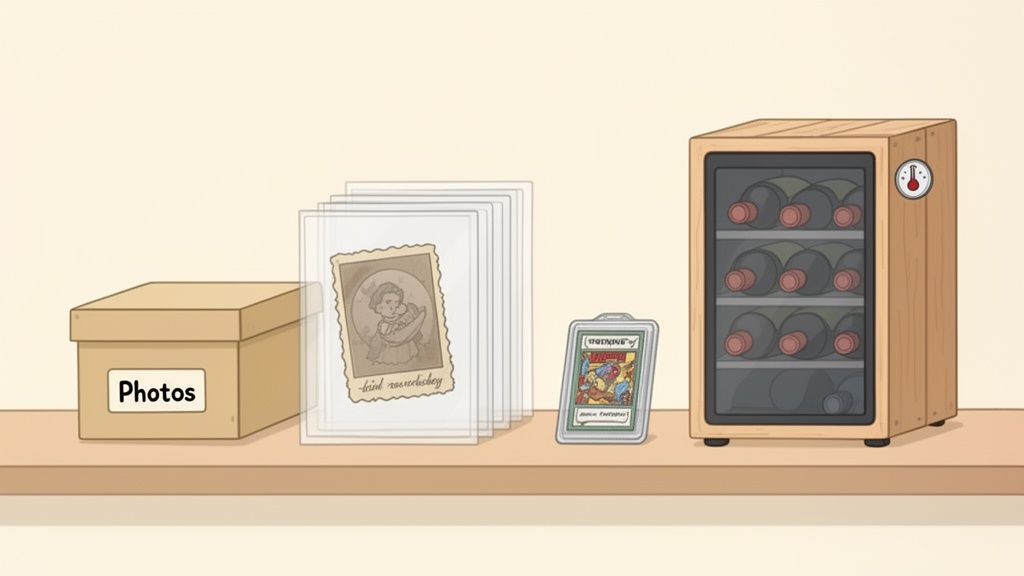 Various items on a shelf including a photo box, old pictures, a trading card, and wine bottles in a cooler.