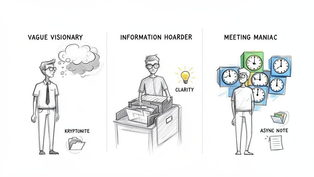 An illustration showing three work personalities: vague visionary, information hoarder, and meeting maniac.