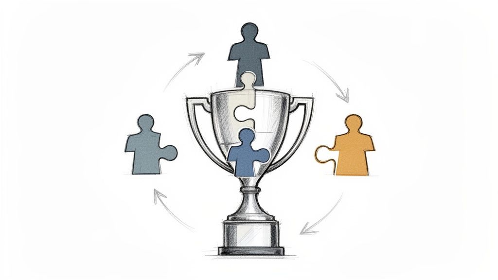 A sketch of a trophy made of puzzle pieces, surrounded by human-shaped puzzle pieces and arrows, symbolizing teamwork and collaboration.