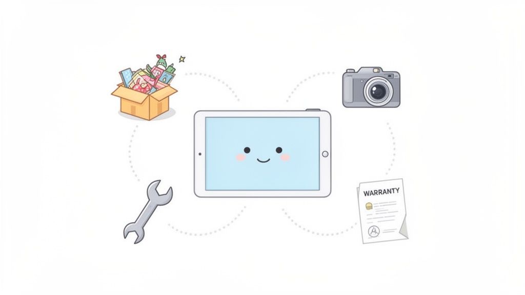 An illustration of a happy tablet surrounded by icons for media, a camera, a wrench, and a warranty document.