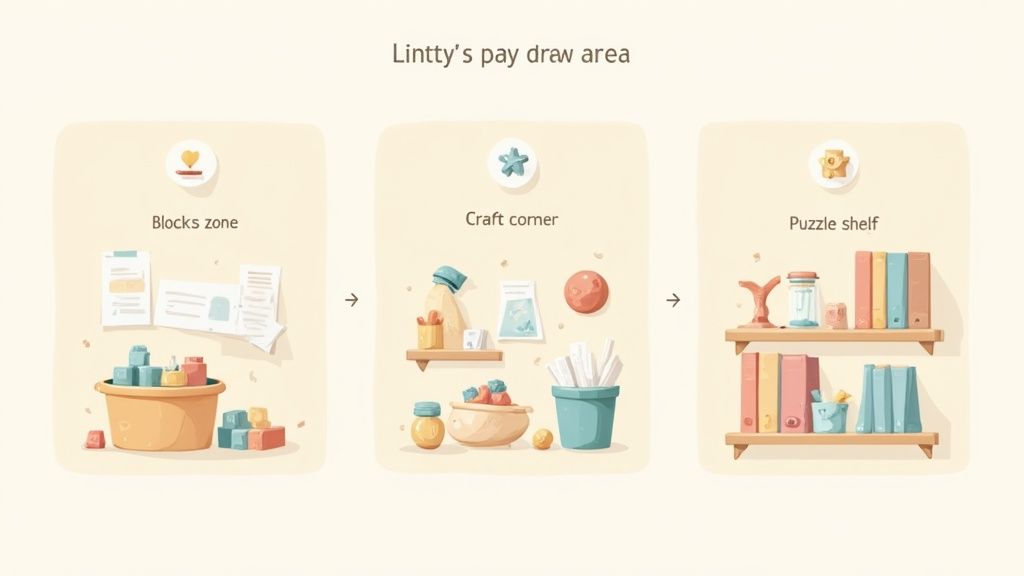 Three organized play areas for kids: blocks, crafts, and puzzles, titled 'Lintty's pay draw area'.