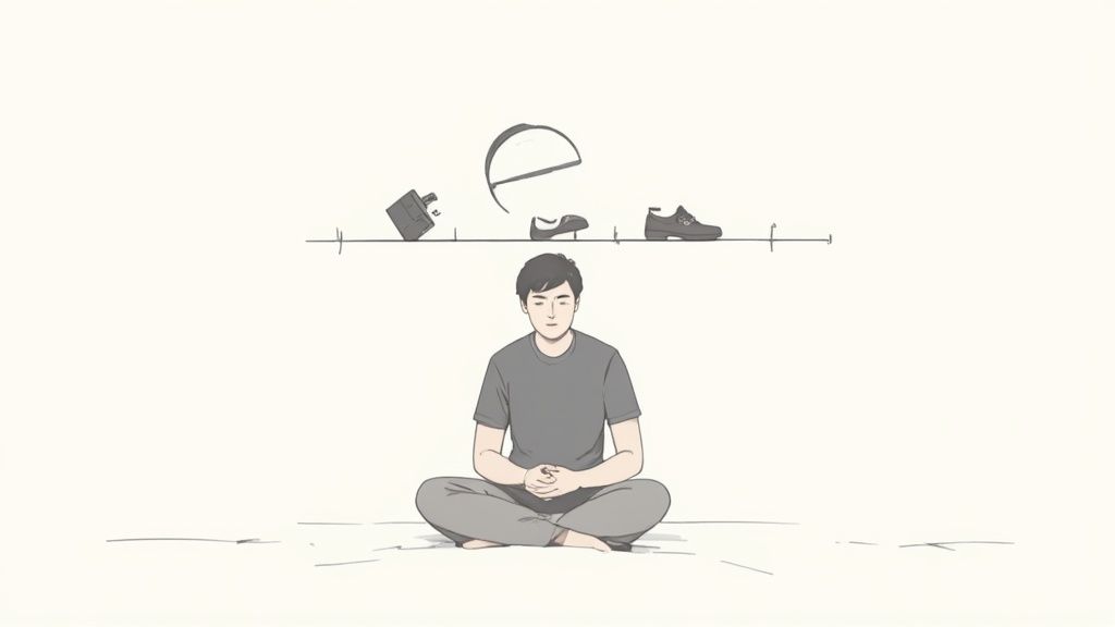 Person meditating in calm pose beneath shelf displaying everyday lost items like wallet and shoes