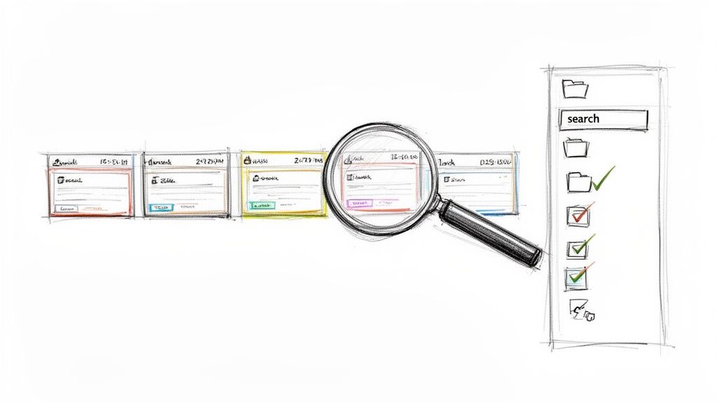 A hand-drawn sketch showing task cards, a magnifying glass, and a search sidebar with filters.