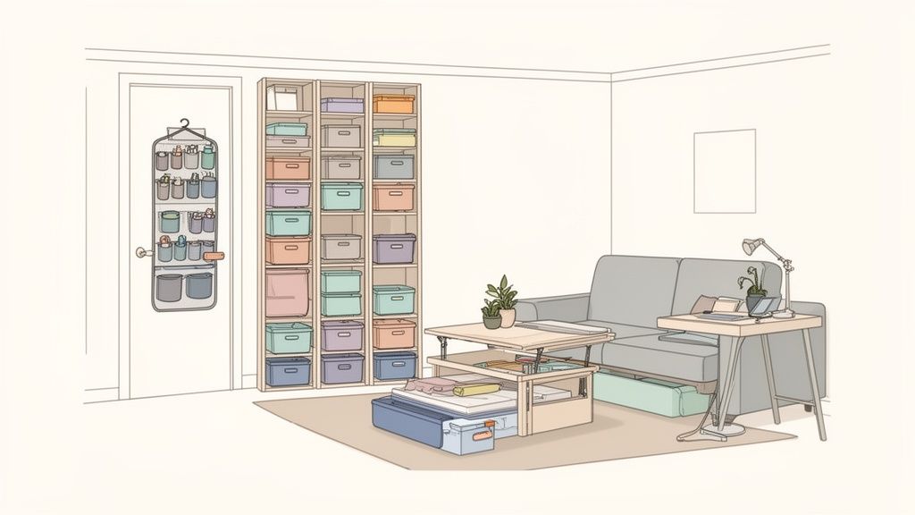 A neatly organized room featuring storage shelves, a multi-level coffee table, and door storage.