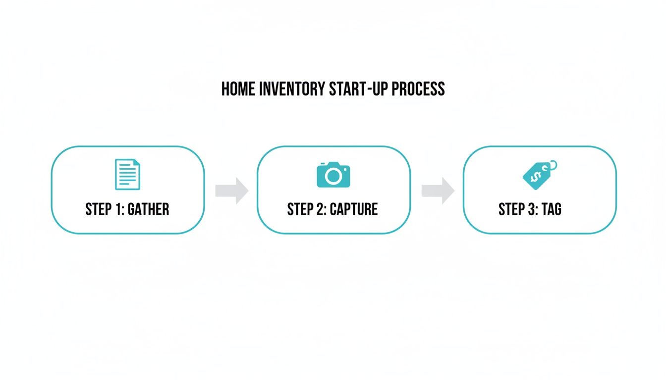 Visual flowchart detailing the three-step home inventory start-up process: gather, capture, and tag.