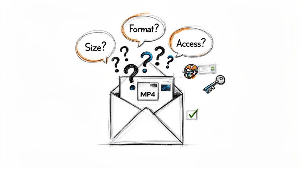 Illustration of an email envelope with an MP4 file, surrounded by questions about size, format, and access.