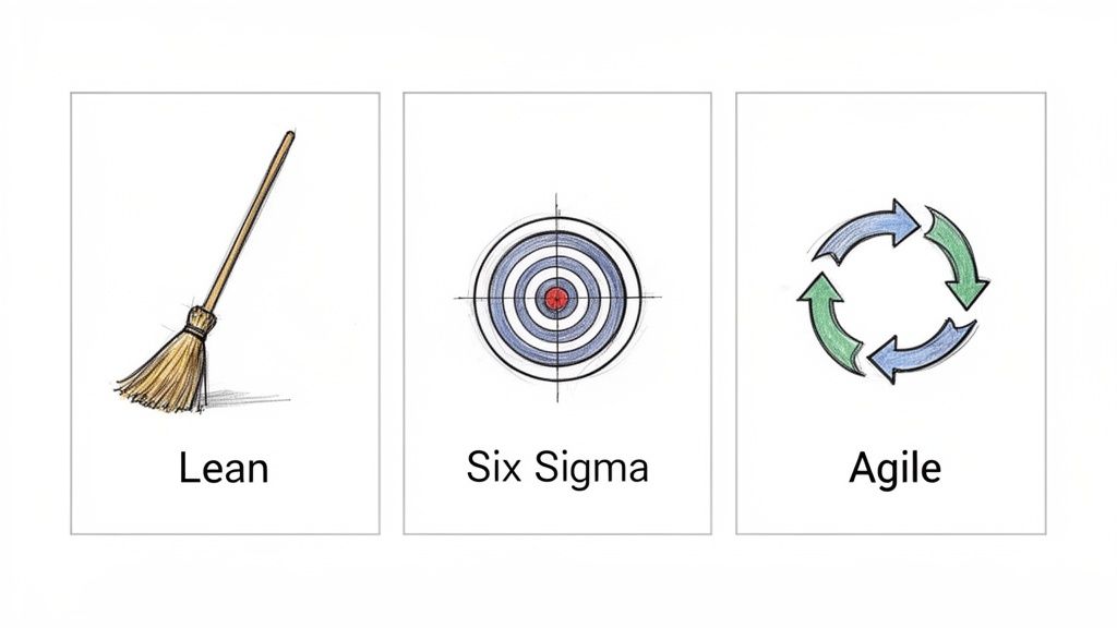 Three cards illustrating process management methodologies: Lean (broom), Six Sigma (target), and Agile (cycle arrows).