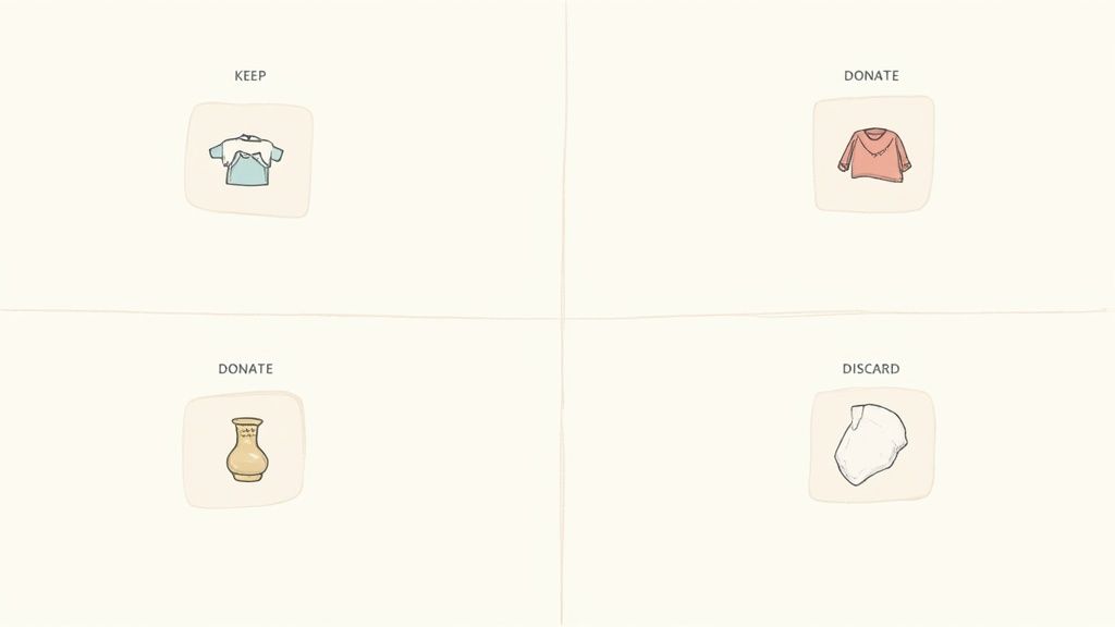 A four-panel grid illustrates items to keep, donate, and discard for organizing and decluttering.