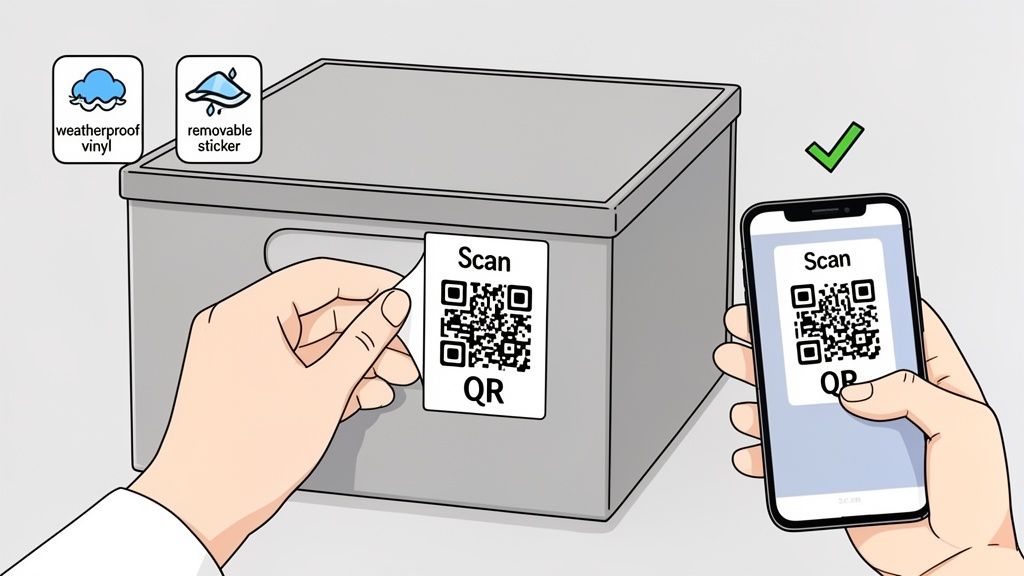 Hand applying a removable, weatherproof QR sticker to a grey storage box, then scanning it with a smartphone.