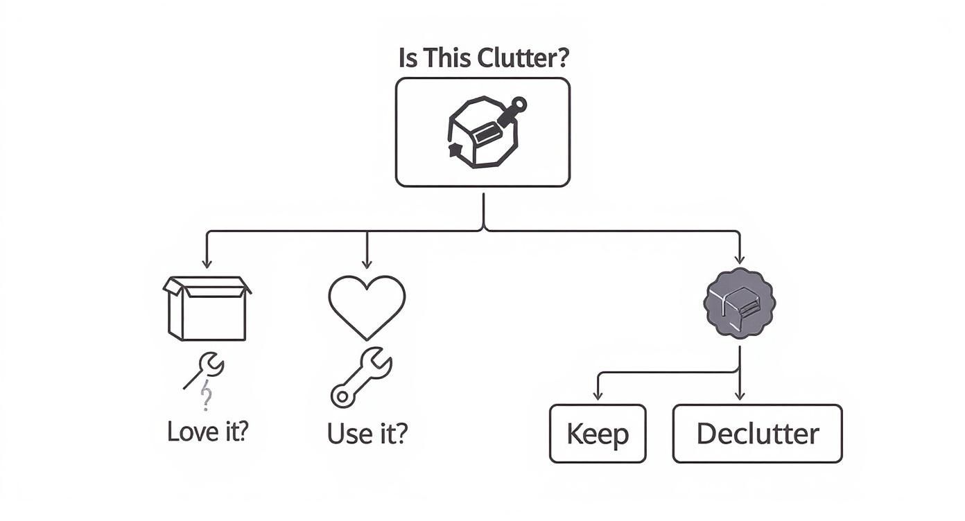 A decluttering flowchart with questions: 'Is This Clutter?', 'Love it?', 'Use it?', leading to 'Keep' or 'Declutter'.
