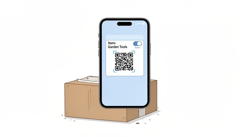 Smartphone displaying a QR code for 'Garden Tools' with a sync option, resting on a cardboard box.