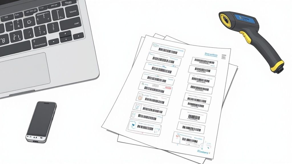 A person scanning a barcode on a box, with the data appearing on a laptop screen running Excel.