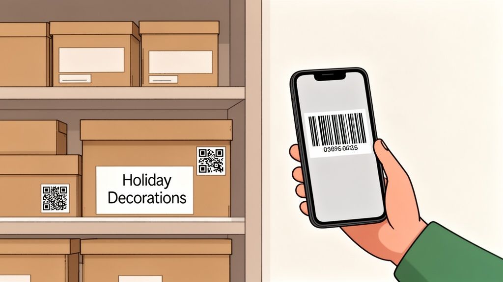 A hand scans a barcode on a smartphone near shelves filled with labeled storage boxes.