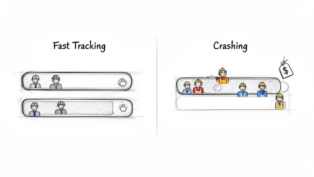 Illustration comparing project management techniques: Fast Tracking with concurrent tasks vs. Crashing with added resources and cost.