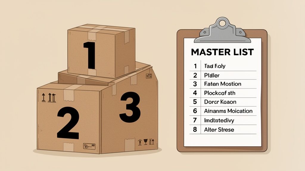 A stack of three cardboard boxes labeled 1, 2, 3, next to a master list on a clipboard.