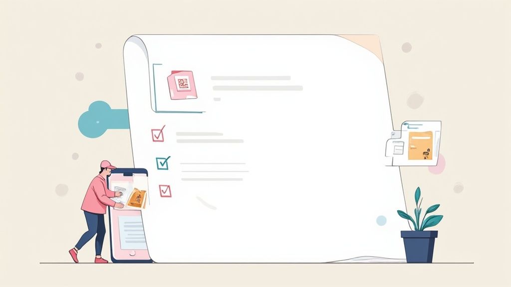 A person using a checklist on a clipboard to organize items on shelves.