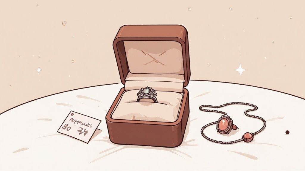 An illustrative image of a ring in an open box, a necklace, and a handwritten note on a table.