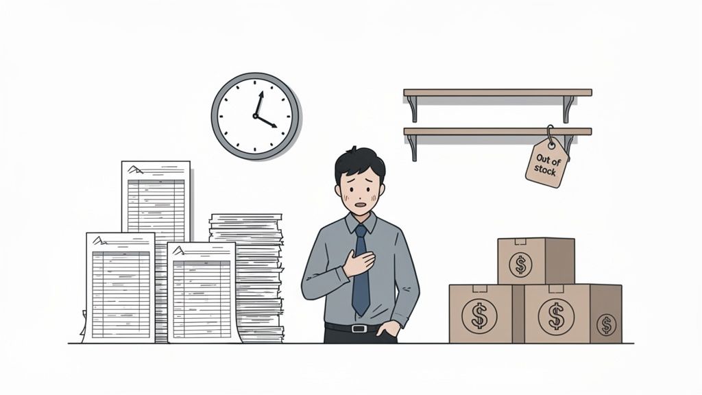 A stressed man surrounded by stacks of paperwork, a clock, empty shelves, and inventory boxes, depicting business challenges.