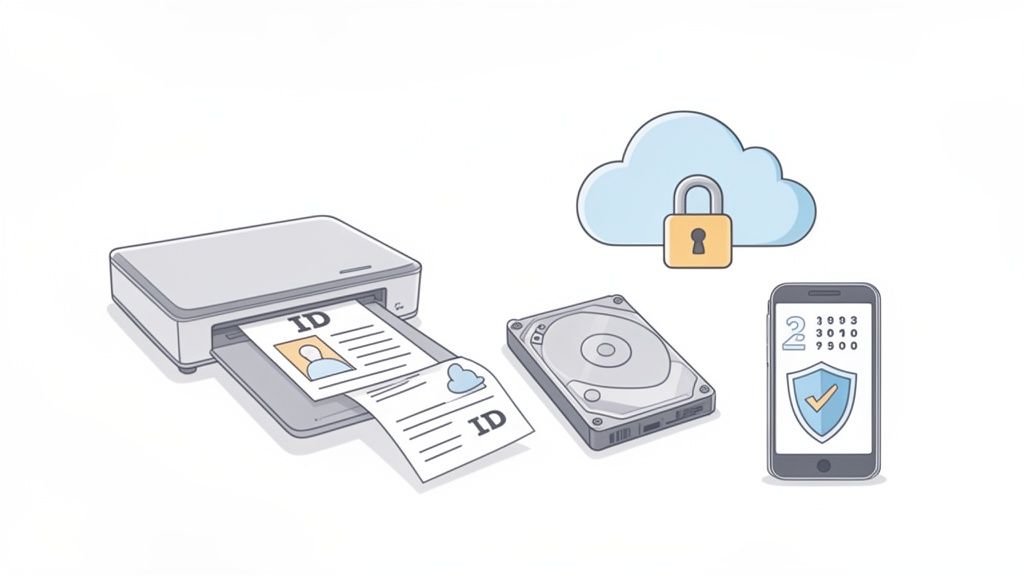 Illustrates digital and physical document storage with a printer, hard drive, secure cloud, and phone.