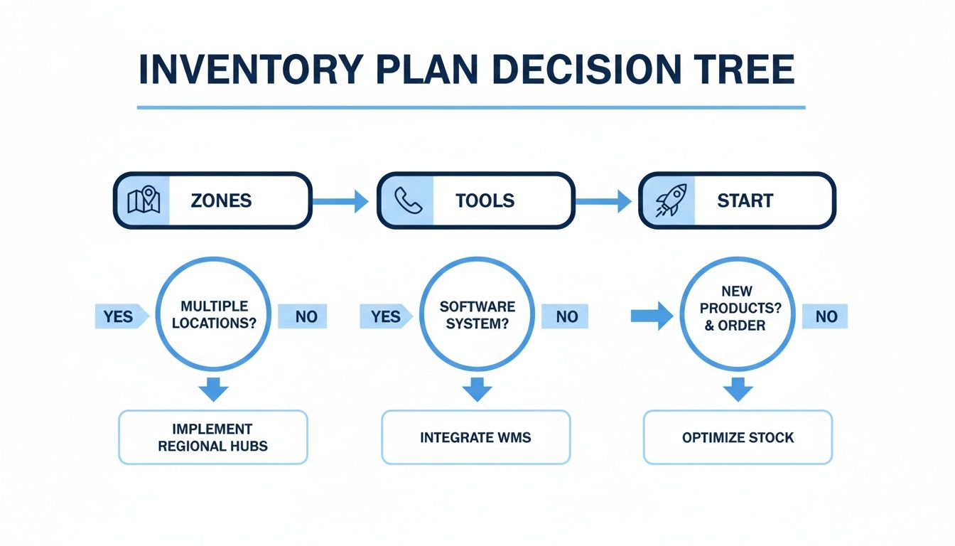 Flowchart illustrating an inventory plan decision tree with steps for zones, tools, and product management.