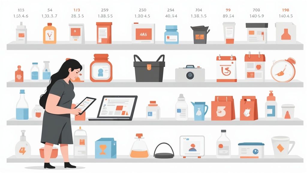 A woman uses a tablet to manage real-time inventory on shelves stocked with diverse products.