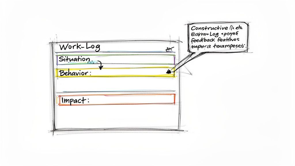 Sketch of a 'Work-Log' template for performance feedback, detailing situation, behavior, and impact sections.