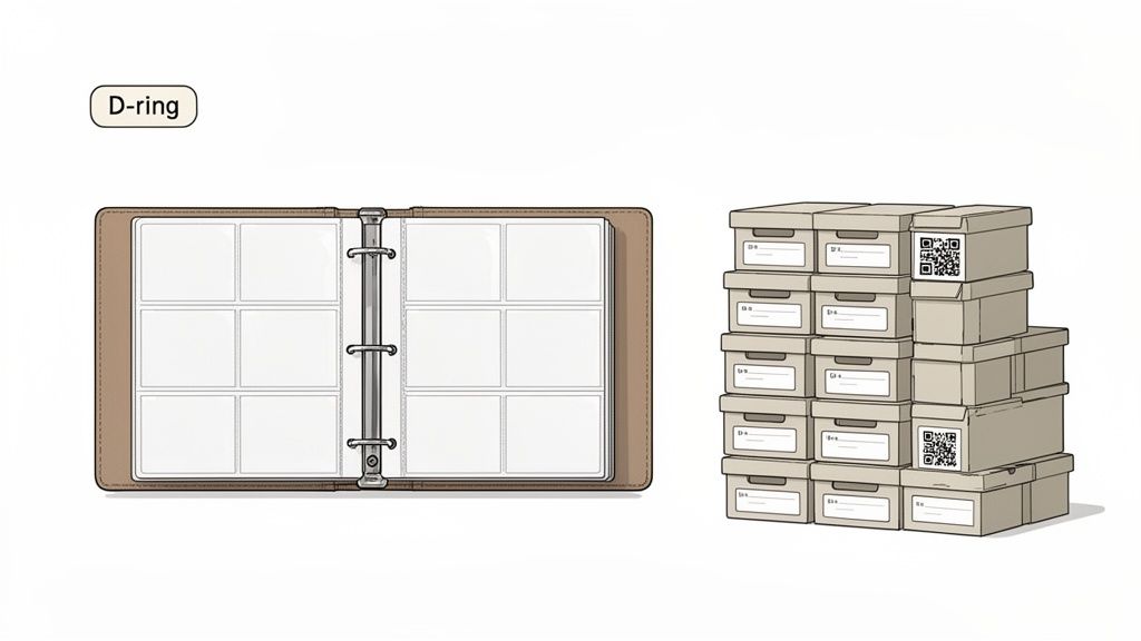 A brown D-ring binder with clear card sleeves open next to stacks of labeled storage boxes.