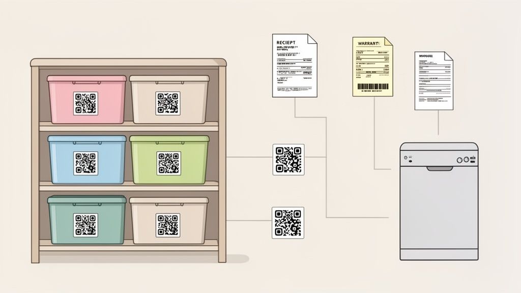 An illustration showing a shelf with colorful storage boxes, QR codes, and documents linked to a dishwasher, representing digital organization.
