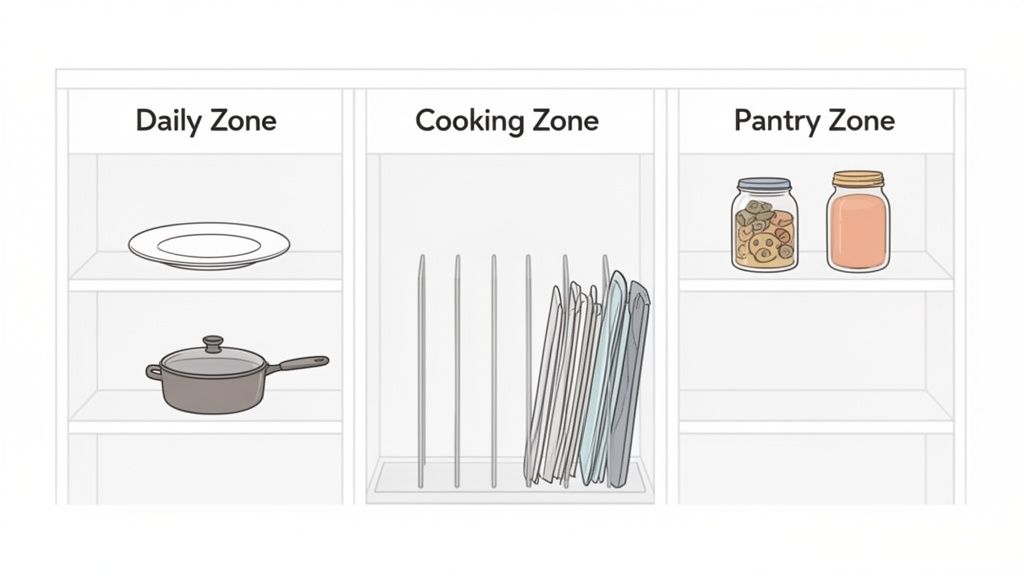 Illustration showing organized kitchen cabinets with daily, cooking, and pantry zones, featuring dishes, pans, and jars.
