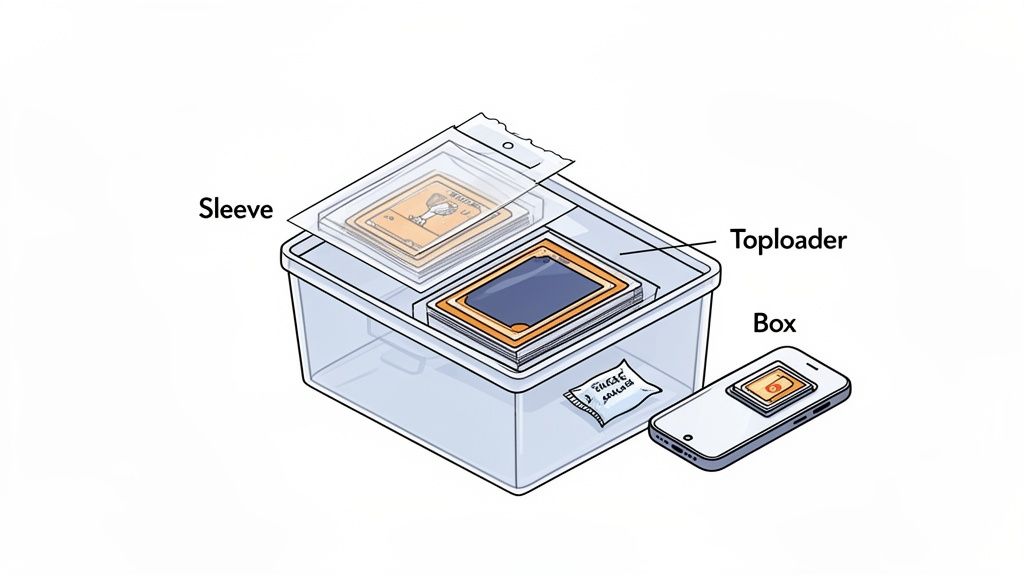 Illustration showing the proper way to store trading cards using sleeves, toploaders, a box, and silica gel.
