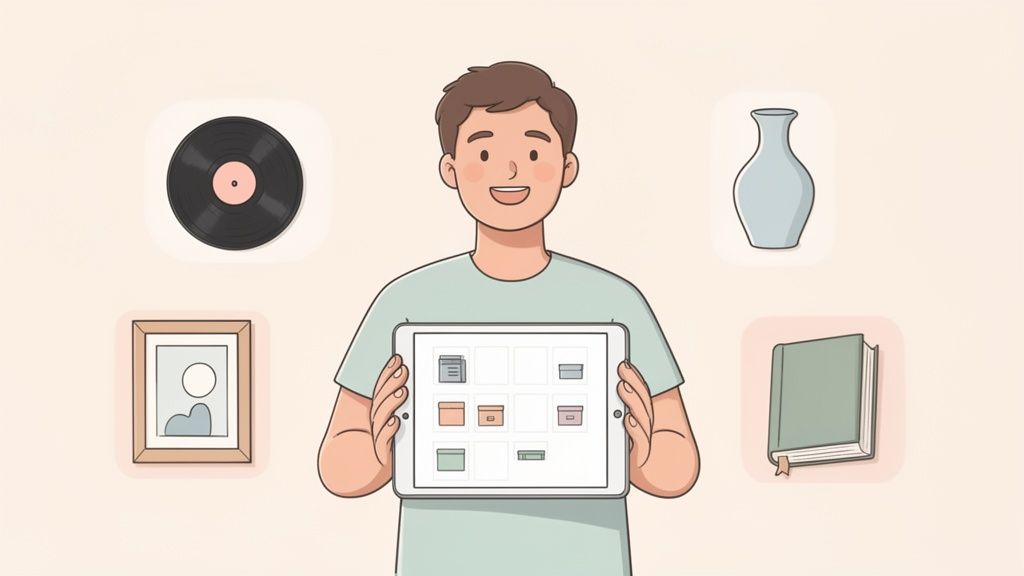 A smiling person holds a tablet displaying various item icons, surrounded by a record, picture, vase, and book.