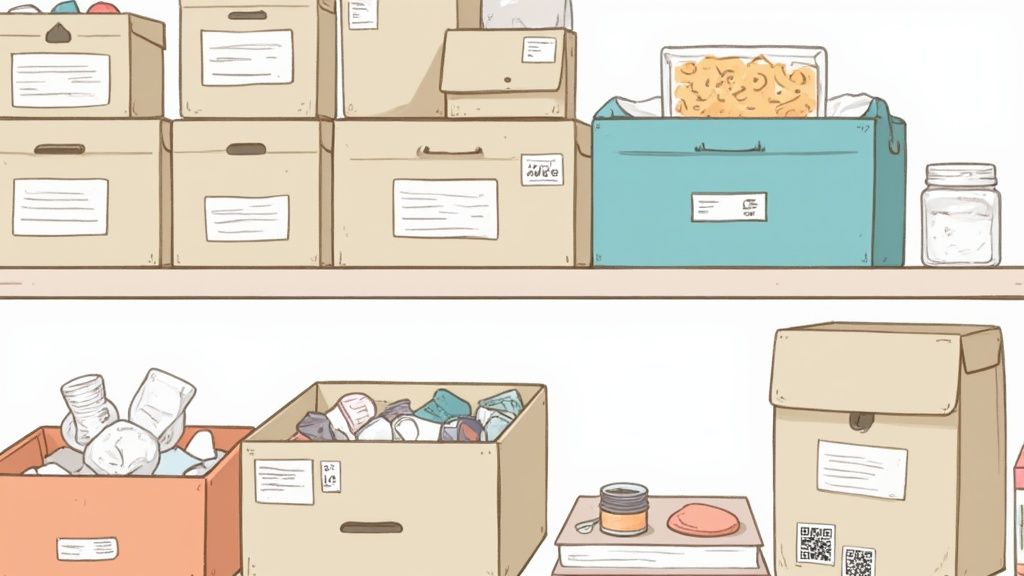 A neatly organized craft room with clear bins featuring smart labels.