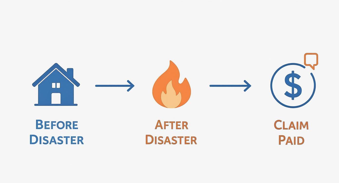 Insurance claim process flowchart showing house before disaster, fire damage, and claim payment stages