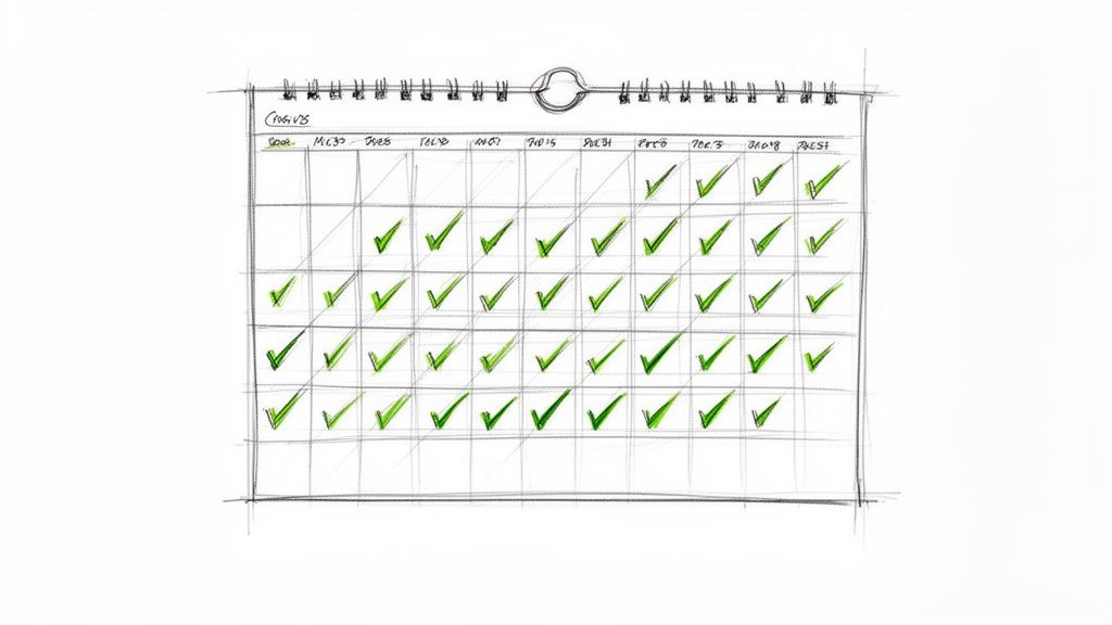 Hand-drawn calendar with green checkmarks on many days, symbolizing consistent progress or achieved habits.