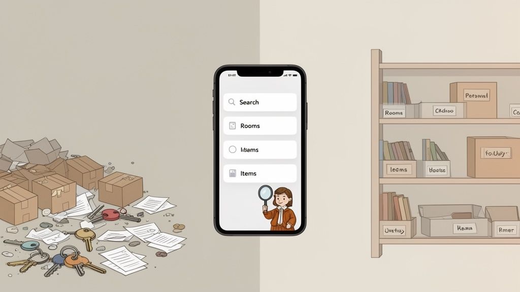 Image contrasting a messy pile of boxes and keys with an organized shelf via a household management app.