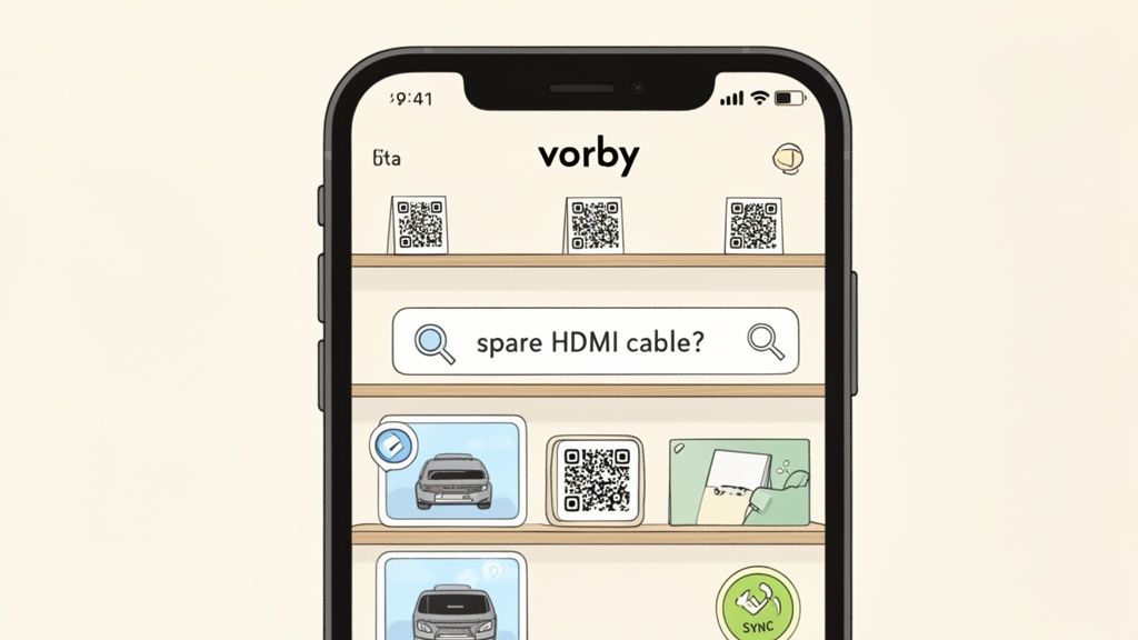 Vorby app on a smartphone displaying a search for "spare HDMI cable" and QR codes.
