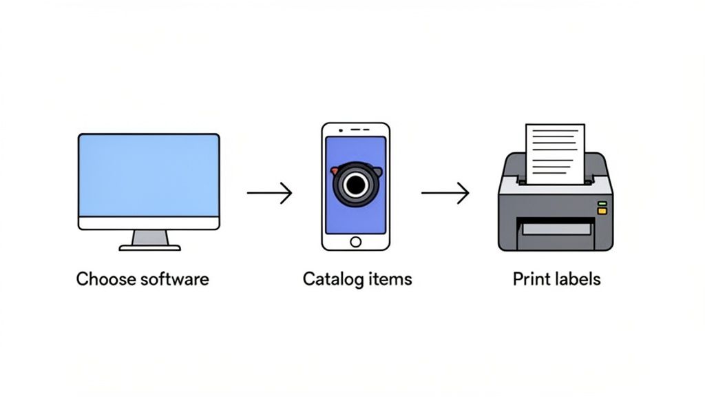 A diagram showing a three-step process: choose software, catalog items, and print labels.