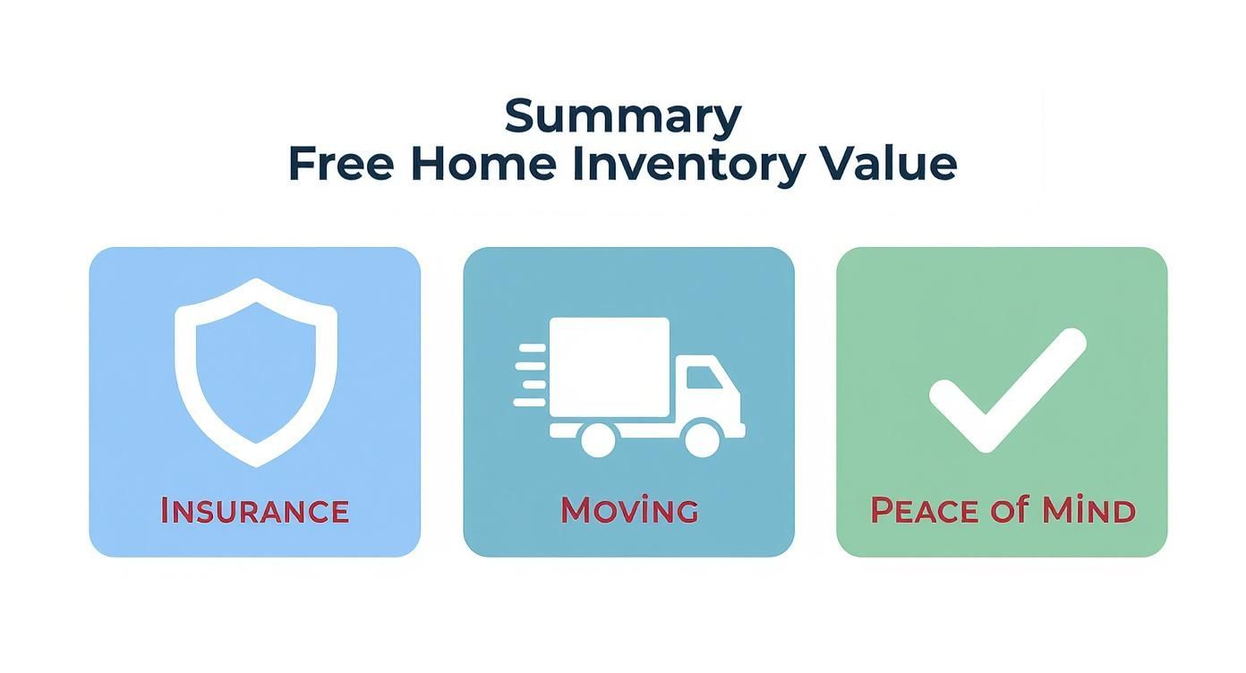 Infographic summarizing the benefits of a free home inventory app, showing icons for insurance, moving, and peace of mind.