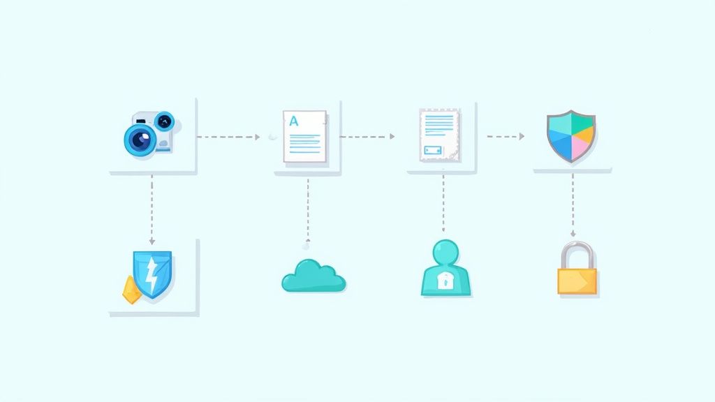 A visual workflow showing document digitization, processing, cloud storage, user access, and security.