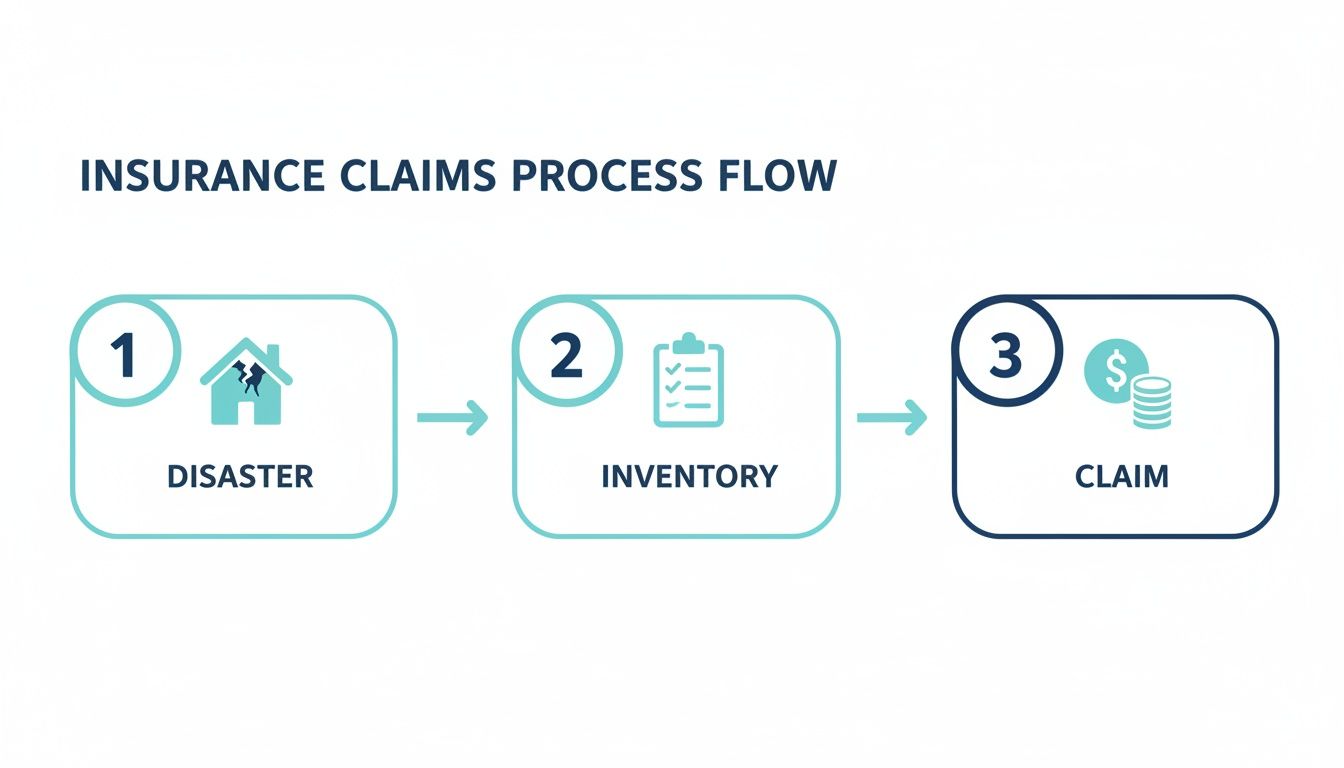 A three-step insurance claims process flow illustrating disaster, inventory, and claim stages with icons.