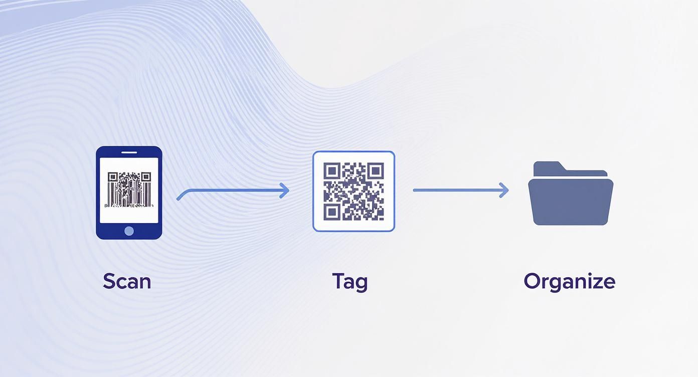 A three-step process showing a smartphone scanning, tagging a QR code, and organizing files.