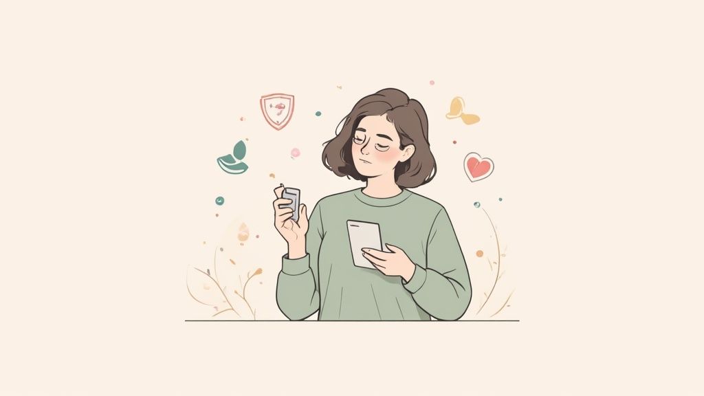 An illustration of a woman holding a small device and a smartphone, surrounded by well-being icons.