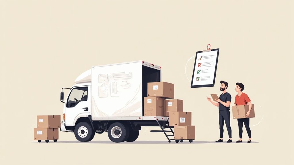 Movers check a digital inventory list next to a moving truck filled with cardboard boxes.