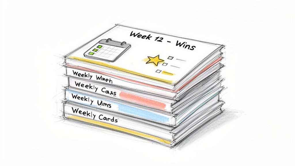 A sketch illustration of a stack of notebooks with various weekly planning titles.