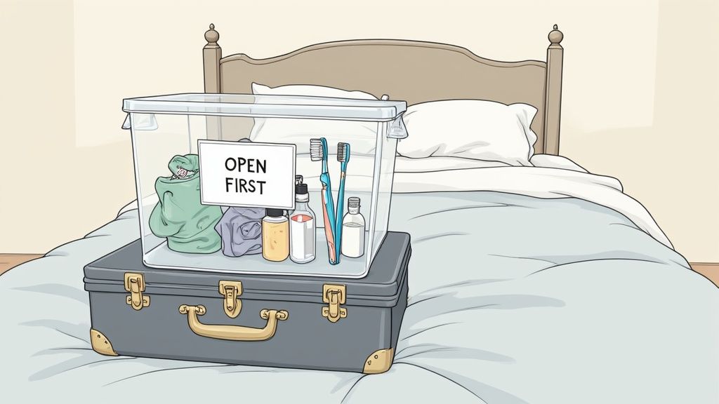 Clear plastic bin with toiletries and 'open first' label on suitcase for moving essentials