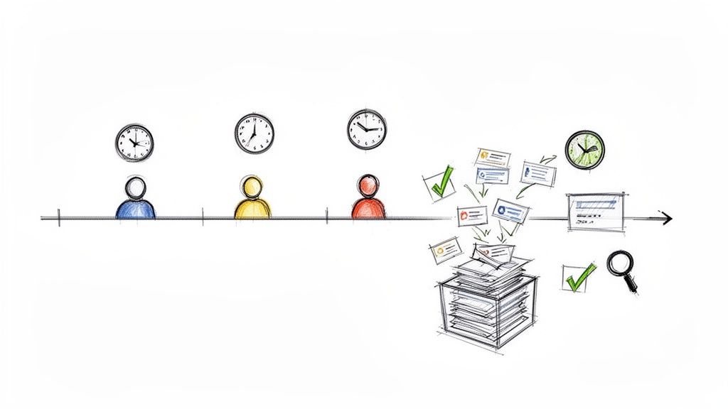 Diagram showing a multi-stage workflow with people, clocks, document processing, and final review.