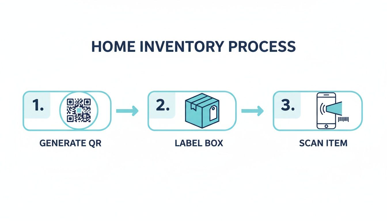 Infographic showing the home inventory process: generate QR code, label box, and scan item.