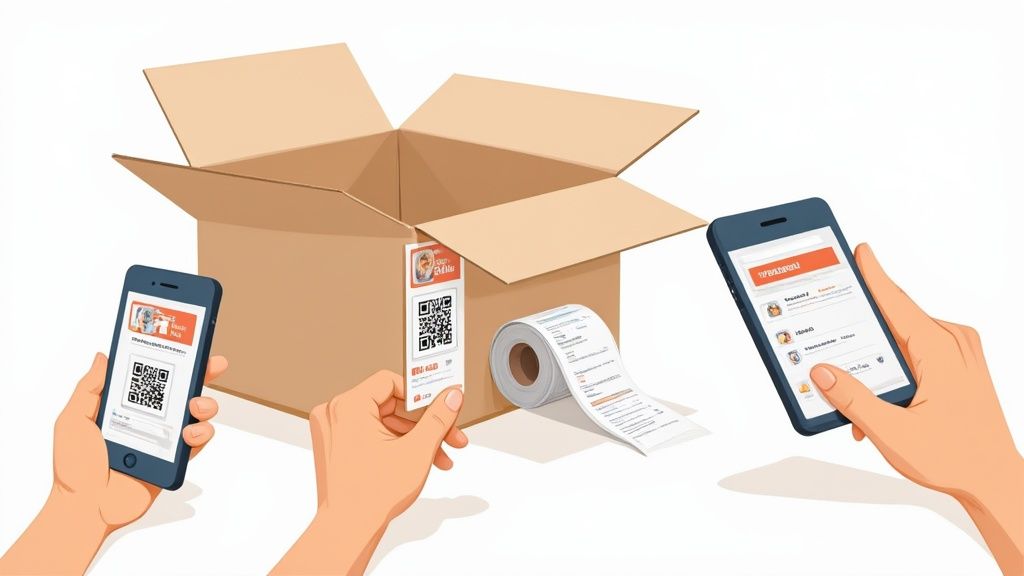Hands scanning QR codes on a package label with smartphones, demonstrating an inventory tagging system.