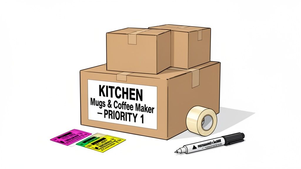A stack of moving boxes, one clearly labeled 'KITCHEN Mugs & Coffee Maker - PRIORITY 1', with packing supplies.