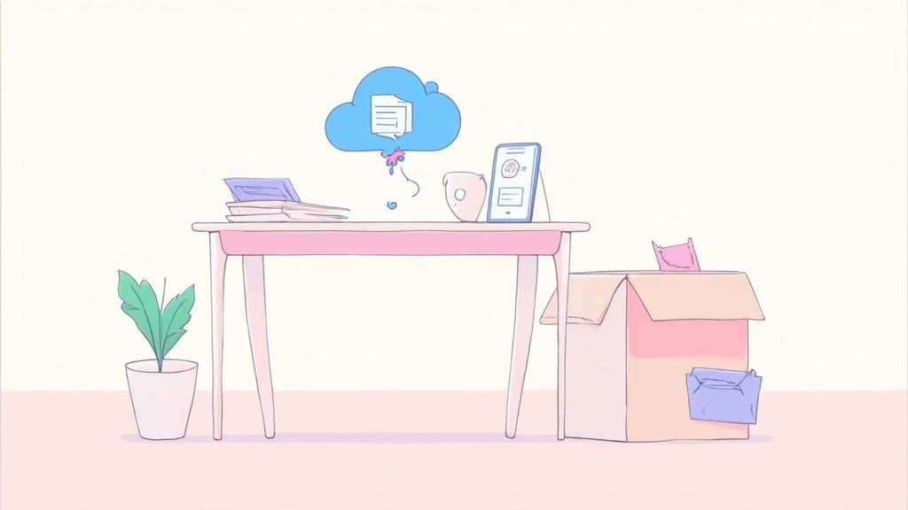 Minimalist illustration of a light pink desk with documents, a smartphone, a plant, and a cloud icon, next to a moving box.
